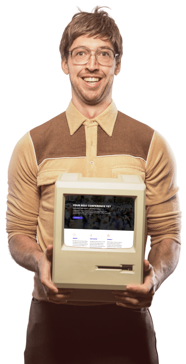 Man holding a vintage Apple Macintosh with a screen showing Event Engine.