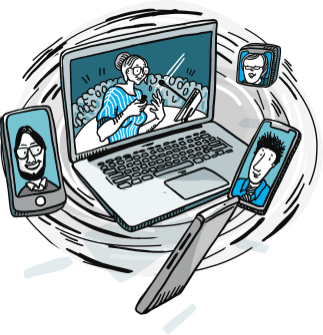 A laptop showing a live stream with smart devices surrounding it.